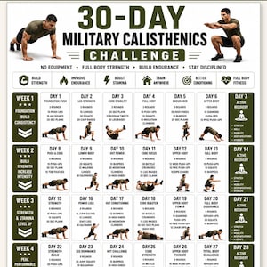May include: A 30-day military calisthenics challenge workout chart featuring a grid of daily exercises, instructional text, and illustrations of a person performing various movements. The document includes headers for weekly goals and fitness icons.