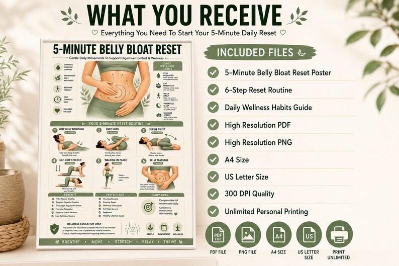 belly bloat relief • anti bloating routine • debloat exercises • digestive comfort • bloating remedy • gut wellness poster • gentle stretching routine • self care wall art • belly massage guide