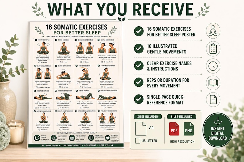 16 Somatic Exercises for Better Sleep | Bedtime Wind-Down Routine Printable | Gentle Mindful Movement Guide | Sleep & Relaxation Wall Art