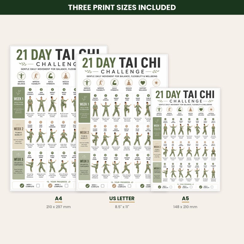 21 Day Tai Chi Challenge Printable | 3 Week Gentle Tai Chi Program for ...