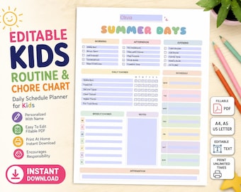 Planificador de verano editable/Planificador de verano para niños (imprimible)/Planificador escolar de verano/Rutina semanal de verano/Planificador de verano para niños (imprimible)/Horario semanal de verano