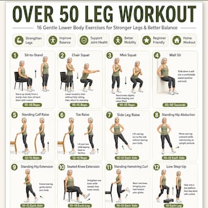 May include: A digital workout chart titled OVER 50 LEG WORKOUT featuring 16 numbered exercise illustrations. Each section includes a title, a visual demonstration of a person performing the movement, and text instructions for lower body exercises.