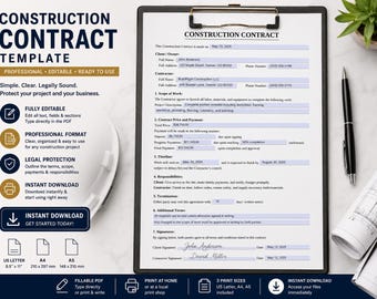 Plantilla de contrato de construcción editable/Formulario de acuerdo con el contratista/PDF rellenable Contrato de construcción y remodelación/A4 A5 Carta estadounidense imprimible