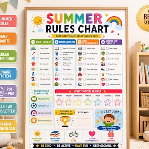 Op de afbeelding: Een rechthoekige Summer Rules Chart poster met een kleurrijk raster met secties voor dagelijkse gewoontes, schermtijdrichtlijnen en een wekelijkse voortgangstracker. Het ontwerp bevat iconen, selectievakjes en tekstprompts voor kinderen om taken zoals bedden opmaken, lezen en buiten spelen bij te houden, afgewerkt met een gouden Best Seller-zegel.