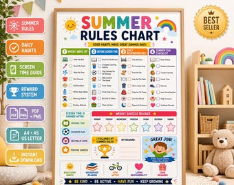 Summer Rules Chart for Kids Printable | Daily Routine Responsibility Chart Screen Time | Chore Checklist | Reward Tracker | Instant Download