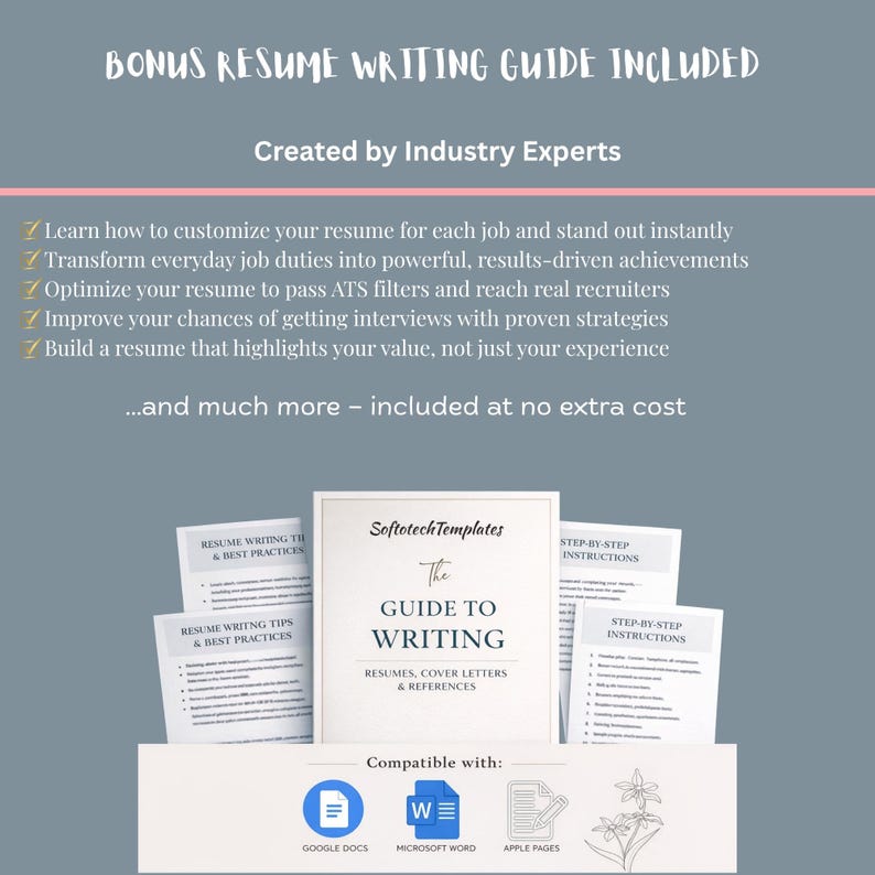 May include: A resume writing guide with the title "The Guide to Writing" is surrounded by several documents. The guide is compatible with Google Docs, Microsoft Word, and Apple Pages. The image includes text about resume customization and interview strategies.