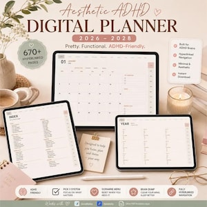 May include: An aesthetic digital planner for 2026-2028, designed for ADHD, with over 670 hyperlinked pages. The image shows three tablets displaying calendar and index pages. Text includes "Pretty. Functional, ADHD-Friendly."