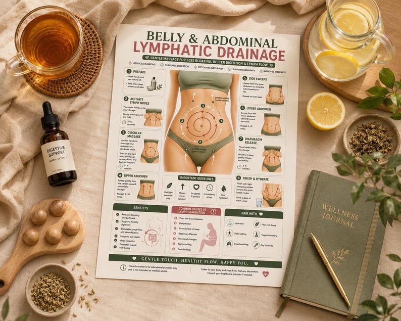 Belly Abdominal Lymphatic Drainage Massage Poster Printable| Stomach Massage Chart | Bloating Relief  | Wellness Printable A4 US Letter