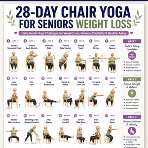 Yoga en silla de 28 días para personas mayores / Póster de ejercicios suaves sentados para perder peso, mejorar el equilibrio y la flexibilidad / Lámina decorativa imprimible para la pared con ejercicios para personas mayores