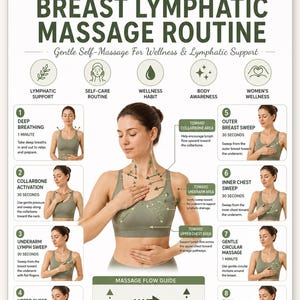 May include: An instructional poster titled Breast Lymphatic Massage Routine featuring eight numbered steps with illustrations and text. It includes a central diagram showing massage directions and a massage flow guide for lymphatic support.