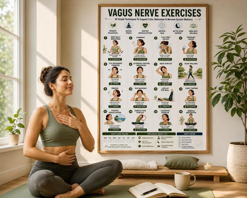 Vagus Nerve Exercises Printable, Breathing and Relaxation Routine, Gentle Movement Exercises, Daily Routine Chart, PDF Poster