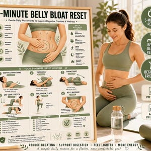 belly bloat relief • anti bloating routine • debloat exercises • digestive comfort • bloating remedy • gut wellness poster • gentle stretching routine • self care wall art • belly massage guide