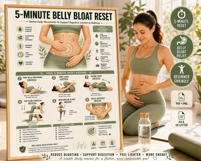 belly bloat relief • anti bloating routine • debloat exercises • digestive comfort • bloating remedy • gut wellness poster • gentle stretching routine • self care wall art • belly massage guide