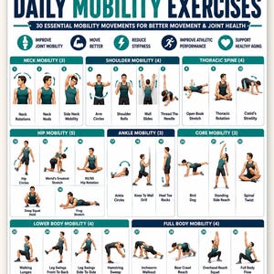 May include: A digital poster titled DAILY MOBILITY EXERCISES featuring 30 numbered illustrations of a person in a green tank top and black shorts performing various stretches and movements, organised into categories like neck, hip, and core mobility.