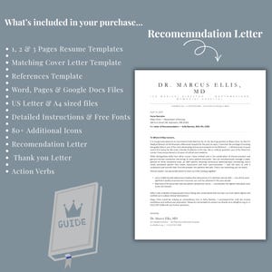 May include: A digital download product includes resume templates, a cover letter template, a references template, and a recommendation letter. The package also includes detailed instructions, free fonts, and over 80 icons. The guide is in US Letter and A4 sizes.