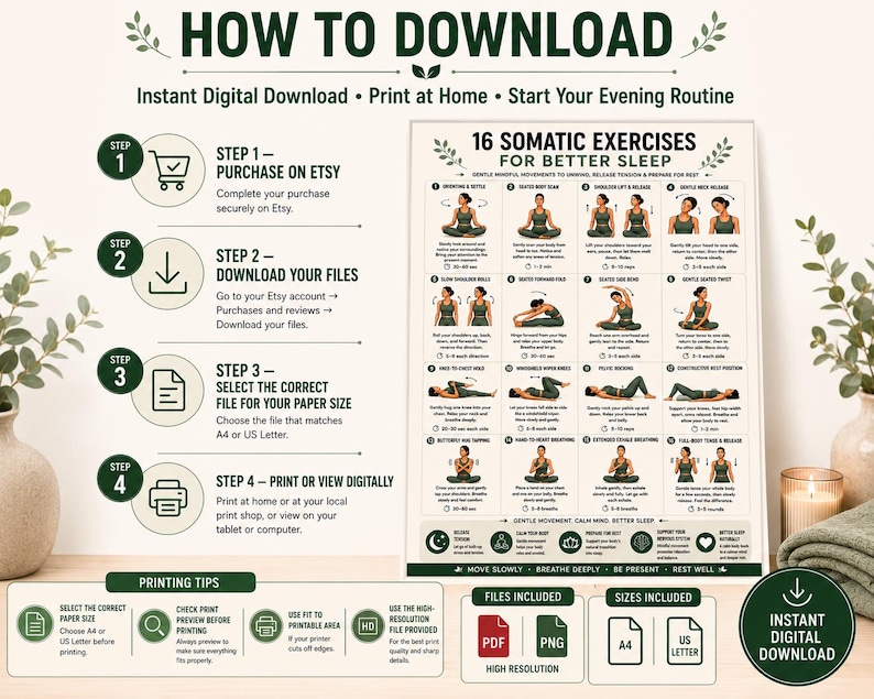 16 Somatic Exercises for Better Sleep | Bedtime Wind-Down Routine Printable | Gentle Mindful Movement Guide | Sleep & Relaxation Wall Art
