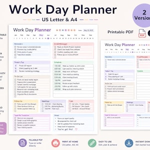 Work Day Planner | Work Day Organizer|Daily Work Schedule | Work Task Planner | Daily To Do List|Hourly Daily Planner |Productivity Planner