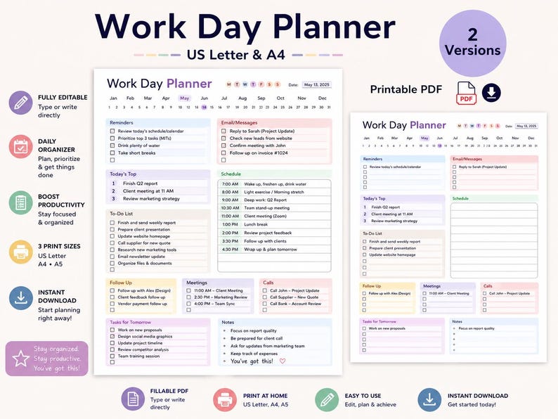 Work Day Planner | Work Day Organizer|Daily Work Schedule | Work Task Planner | Daily To Do List|Hourly Daily Planner |Productivity Planner