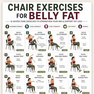 Chair Exercises for Belly Fat | 16 Seated Core Exercises to Strengthen Abs & Support Fat Loss | Printable Low Impact Workout Poster PDF