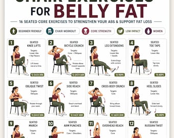 Chair Exercises for Belly Fat | 16 Seated Core Exercises to Strengthen Abs & Support Fat Loss | Printable Low Impact Workout Poster PDF