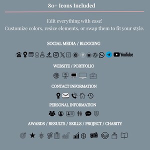 May include: A graphic with various social media, website, and contact icons. Text includes "80+ Icons Included," "Edit everything with ease!" and "Customize colors, resize elements, or swap them to fit your style."