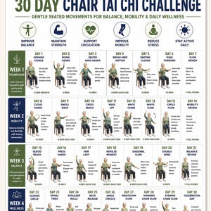 May include: A 30-day chair Tai Chi challenge chart featuring daily seated movement instructions. The document includes illustrations of a person in a chair performing exercises, organized by week and day, with text detailing specific routines.