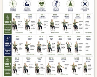 30 Day Chair Tai Chi Challenge for Seniors Printable | Seated Gentle Exercise Tracker | Low Impact Balance Mobility | Instant Download
