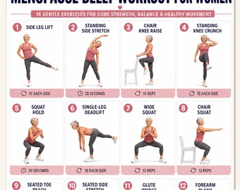 Rutina de ejercicios abdominales para la menopausia, ejercicios para mujeres, plan de fitness para la menopausia, ejercicios para reducir la grasa abdominal, póster de ejercicios imprimible, PDF de ejercicios para hacer en casa