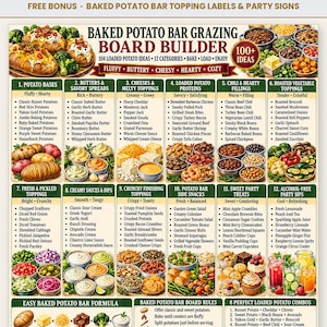 May include: A digital guide titled Baked Potato Bar Grazing Board Builder featuring 104 loaded potato ideas across 12 categories. The document includes lists for potato bases, savory spreads, cheeses, proteins, fillings, toppings, and party sips.