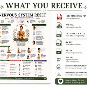 Nervous System Reset Printable, Somatic Techniques Poster for Stress Relief Anxiety, Vagus Nerve & Grounding Guide, A4 US Letter PDF