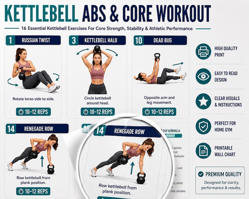 Full Body Kettlebell Exercises, Kettlebell Workout Poster For Beginner, Strength & Conditioning Training Routine Home Gym Wall Art Printable