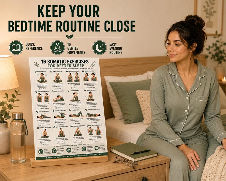 16 Somatic Exercises for Better Sleep | Bedtime Wind-Down Routine Printable | Gentle Mindful Movement Guide | Sleep & Relaxation Wall Art