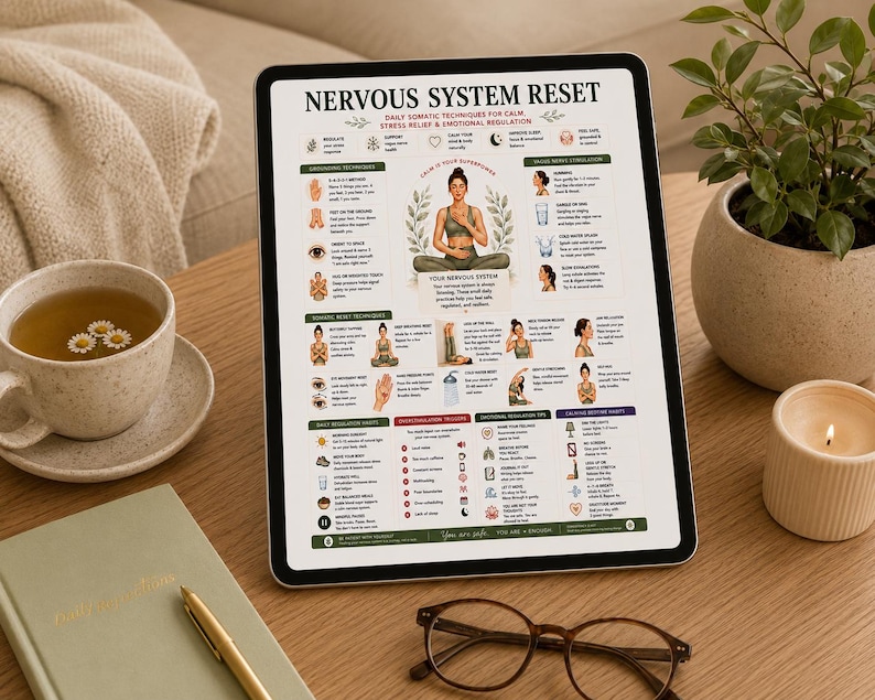 Nervous System Reset Printable, Somatic Techniques Poster for Stress Relief Anxiety, Vagus Nerve & Grounding Guide, A4 US Letter PDF