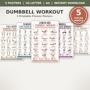 Utskrivbart träningspaket för hela kroppen, armar, ben, sätesmuskler, rygg, bröst, core, hemmaträningsrutin i PDF-format, 5 fitnessposters för män och kvinnor