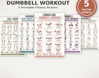 Full Body Dumbbell Workout Bundle Printable, Arms Legs Glutes Back Chest Core Home Workout Routine PDF, 5 Fitness Posters for Men Women