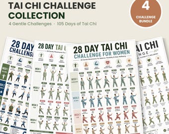 Tai Chi-utmaningspaket | 4 utskrivbara Tai Chi-utmaningar | 28 dagar och 21 dagar för kvinnliga seniorer | Skonsam balansrutin | Direkt nedladdning