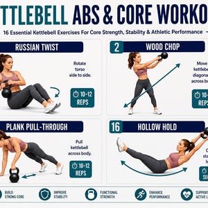Full Body Kettlebell Exercises, Kettlebell Workout Poster For Beginner, Strength & Conditioning Training Routine Home Gym Wall Art Printable