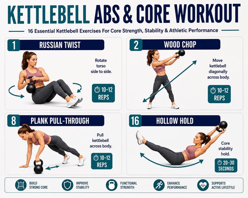 Full Body Kettlebell Exercises, Kettlebell Workout Poster For Beginner, Strength & Conditioning Training Routine Home Gym Wall Art Printable