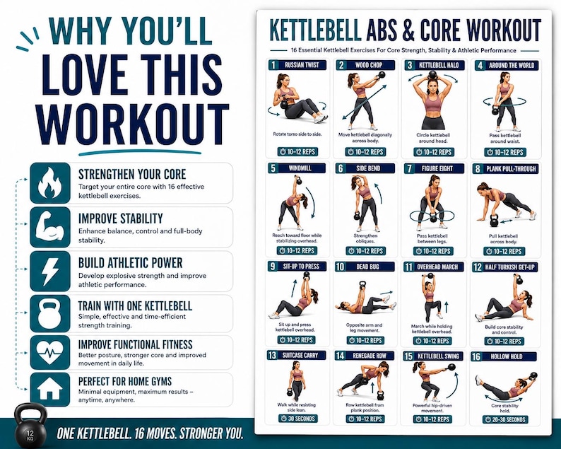 Full Body Kettlebell Exercises, Kettlebell Workout Poster For Beginner, Strength & Conditioning Training Routine Home Gym Wall Art Printable