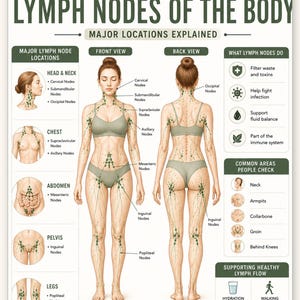 Op de afbeelding: Een educatieve kaart getiteld LYMPH NODES OF THE BODY met anatomische illustraties van een menselijk figuur van voor en achter. Het diagram belicht de belangrijkste locaties van lymfeklieren, hun functies en veelvoorkomende controlepunten.