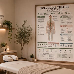 May include: A framed educational wall poster titled Polyvagal Theory Explained, featuring a central human anatomical diagram of the nervous system, colour-coded sections for nervous system states, and various icons illustrating regulation techniques.