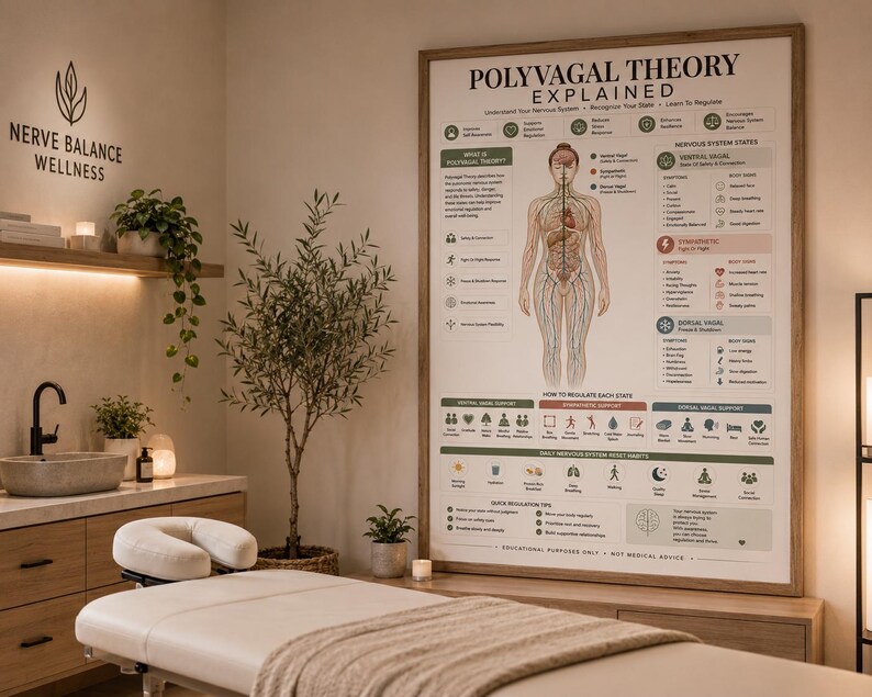 May include: A framed educational wall poster titled Polyvagal Theory Explained, featuring a central human anatomical diagram of the nervous system, colour-coded sections for nervous system states, and various icons illustrating regulation techniques.