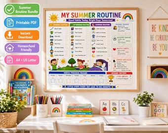 Summer Daily Routine Chart for Kids Printable | Chore Reward Chart | Morning Evening Checklist | Color + Black & White | Instant Download
