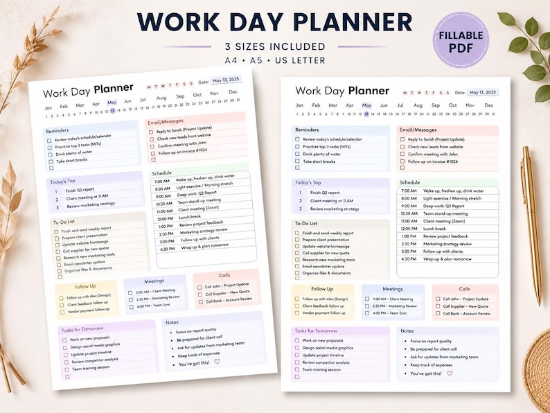 Work Day Planner | Work Day Organizer|Daily Work Schedule | Work Task Planner | Daily To Do List|Hourly Daily Planner |Productivity Planner