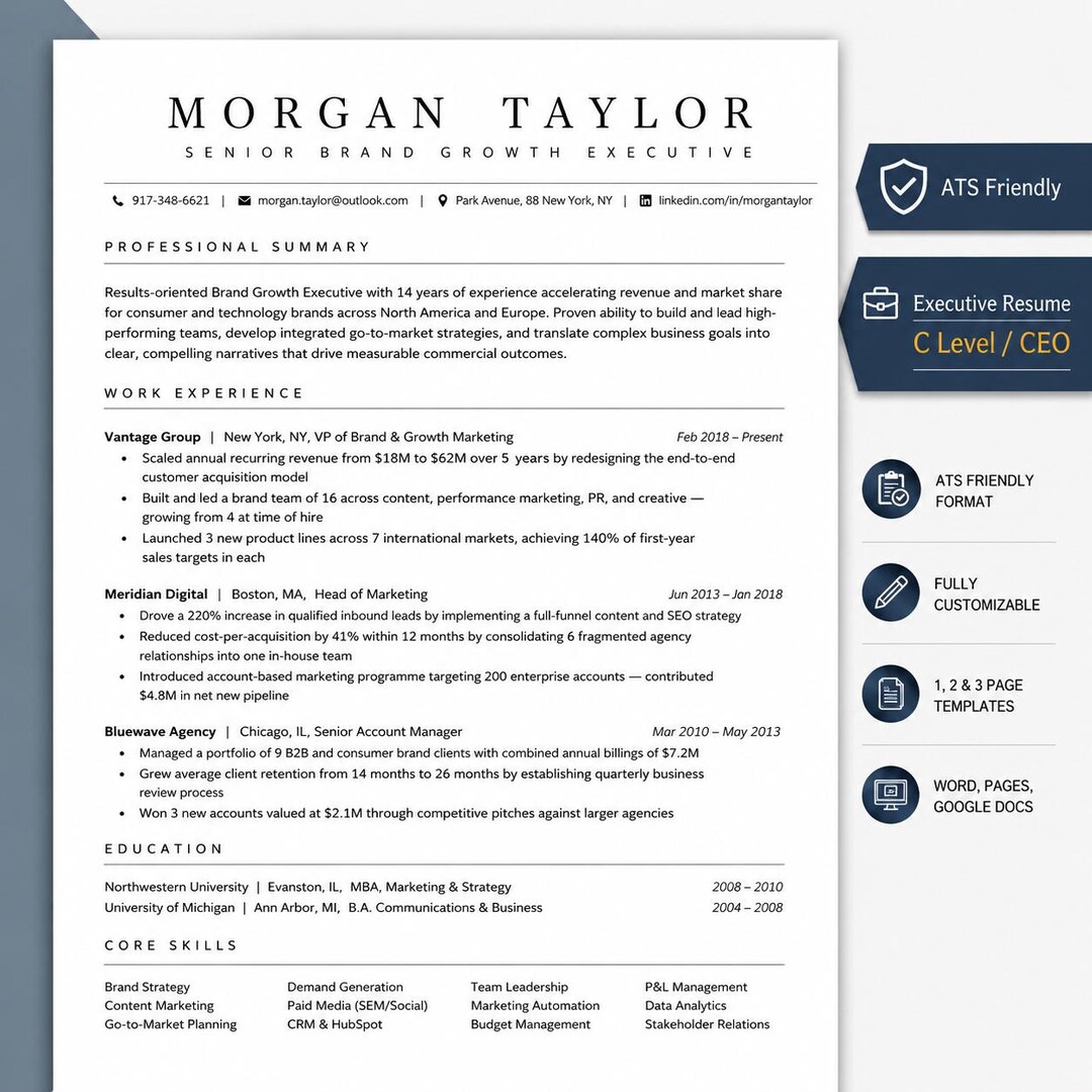 Executive Resume Template | Modern C Level Resume Template for Word ...