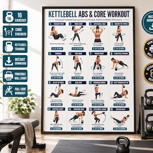 Pu&ograve; includere: Un poster verticale intitolato Kettlebell Abs & Core Workout che presenta 16 illustrazioni di esercizi numerati con istruzioni. Il poster include icone per 16 esercizi, forza del core, allenamento con kettlebell e download istantaneo.