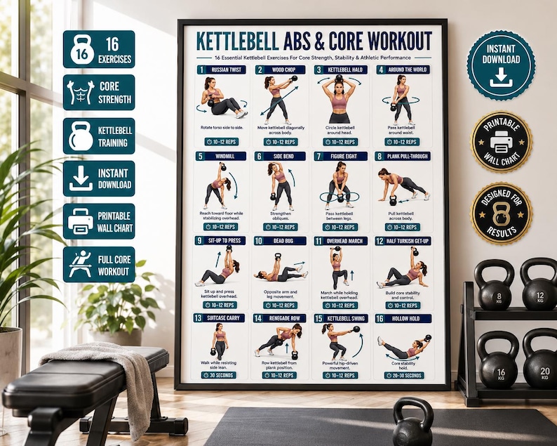 Pu&ograve; includere: Un poster verticale intitolato Kettlebell Abs & Core Workout che presenta 16 illustrazioni di esercizi numerati con istruzioni. Il poster include icone per 16 esercizi, forza del core, allenamento con kettlebell e download istantaneo.
