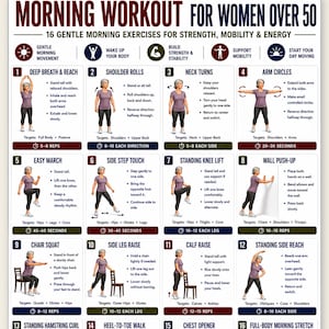 May include: A digital workout chart titled MORNING WORKOUT FOR WOMEN OVER 50, featuring 16 numbered exercise illustrations. Each section includes a graphic of a person performing a movement, descriptive text instructions, target muscle groups, and repetition counts.
