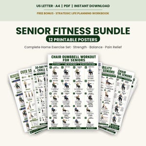 Puede incluir: Un paquete de fitness digital con 12 pósteres imprimibles para ejercicios de personas mayores. El póster central se titula Chair Dumbbell Workout for Seniors y muestra 20 movimientos ilustrados con instrucciones sobre un fondo blanco.