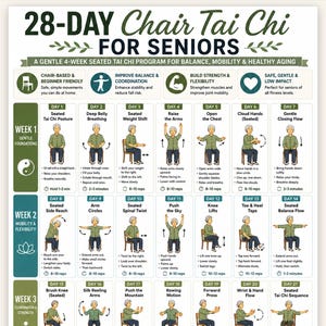 Puede incluir: Un gráfico de programa de Tai Chi en silla de 28 días para personas mayores con ejercicios ilustrados diarios. El documento incluye encabezados de texto, secciones semanales e instrucciones paso a paso para movimientos sentados.